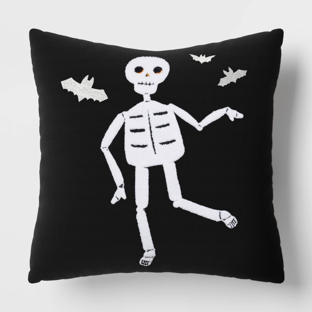 Dancing Skeleton Halloween Throw Pillow Black/White Reversible